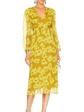 Joie Kaz Silk Dress -Yellow Floral Tie-Waist Midi Dress